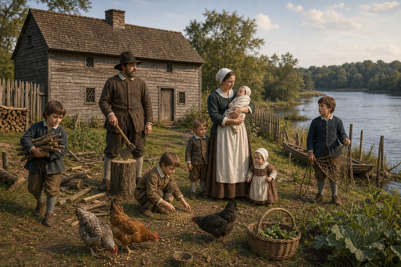 Interpretive historical scene of John Baldwin Senior, Mary Camp Baldwin, and their six children working outside a modest Milford homestead beside the Wepawaug River around 1651.