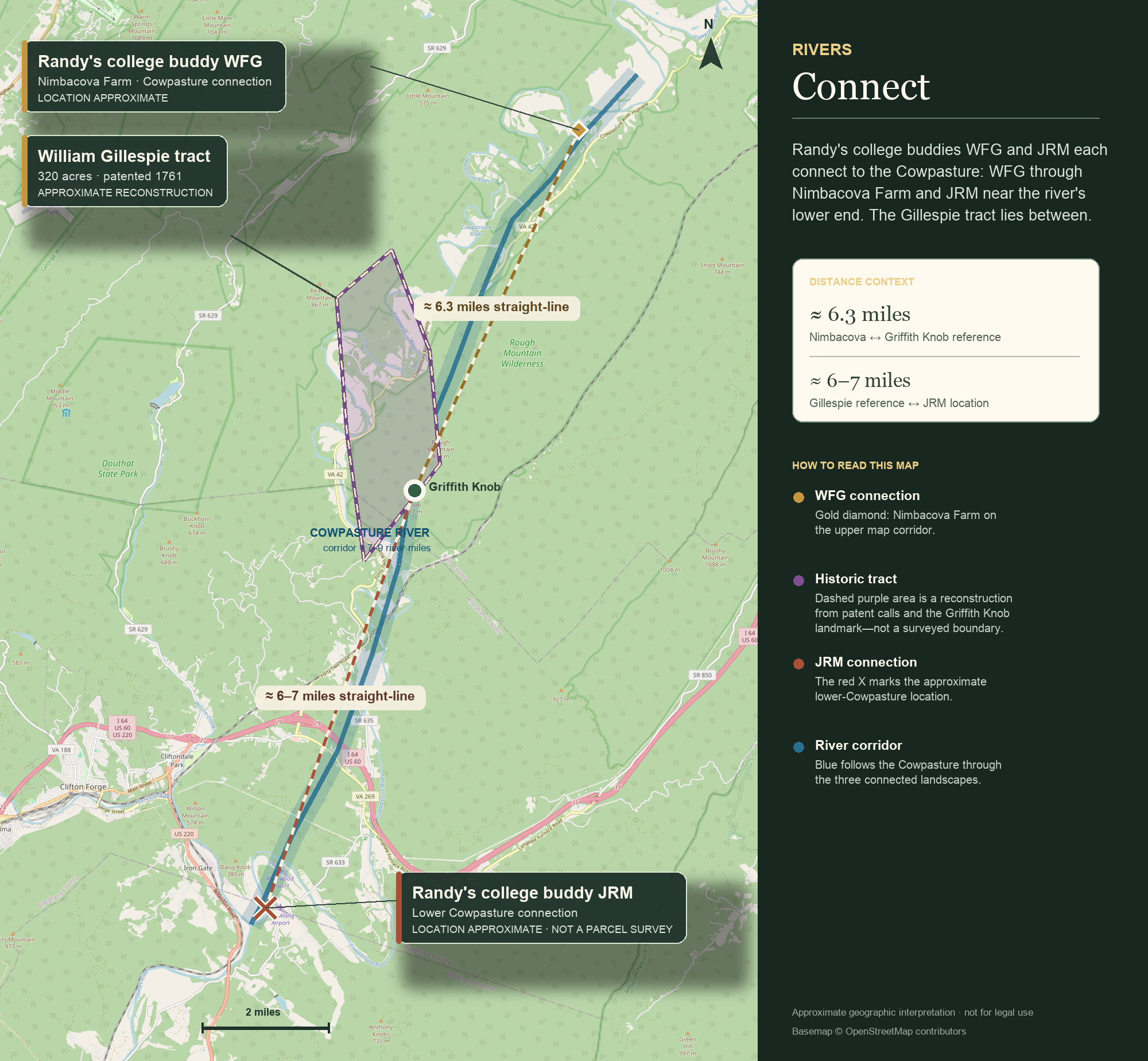 Map of the Cowpasture River corridor showing the approximate William Gillespie tract and the anonymized locations connected with Randy’s college buddies WFG and JRM.