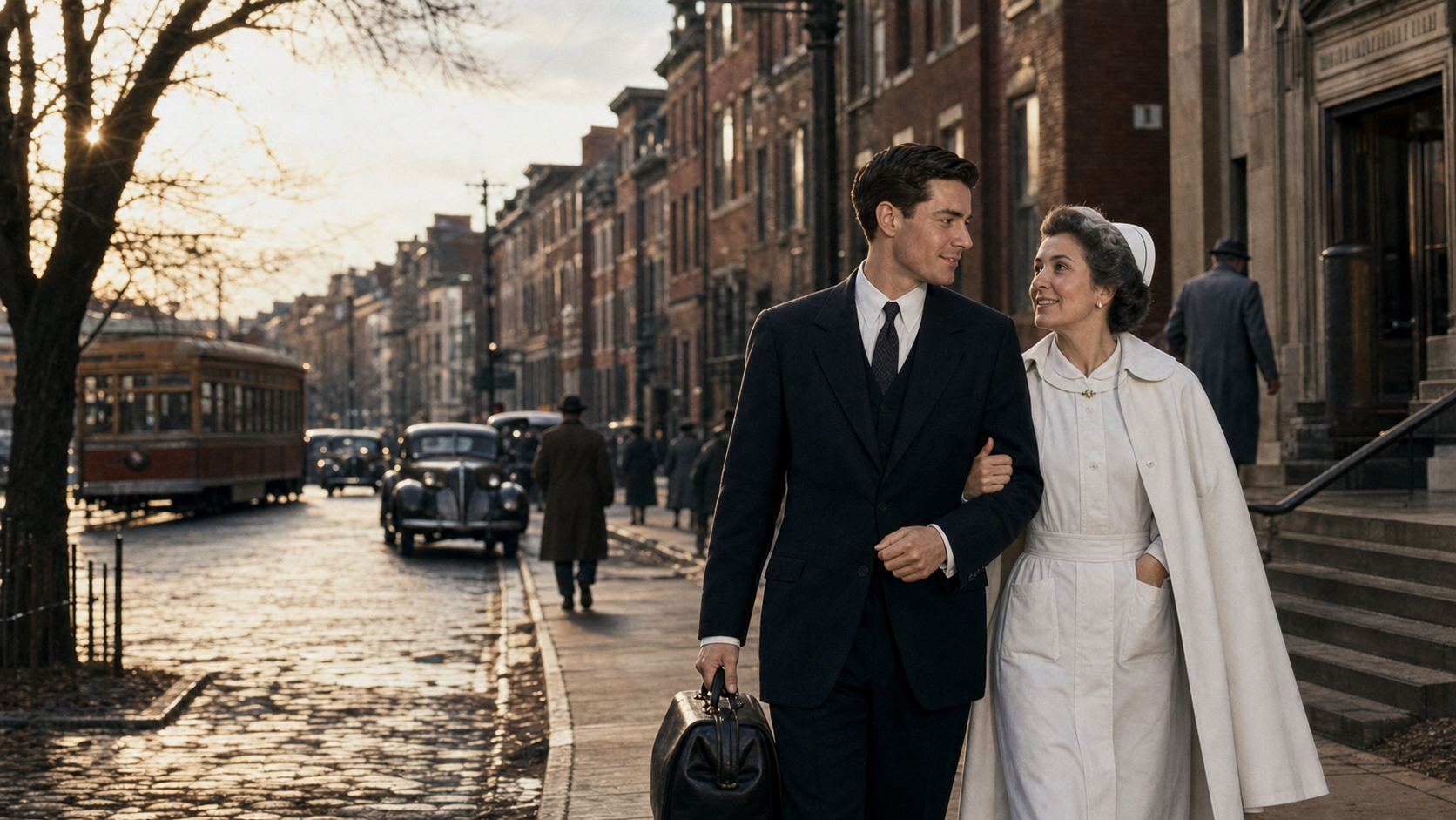 Interpretive reconstruction of young Barnes Gillespie and Mary Baldwin walking in late-1930s Baltimore
