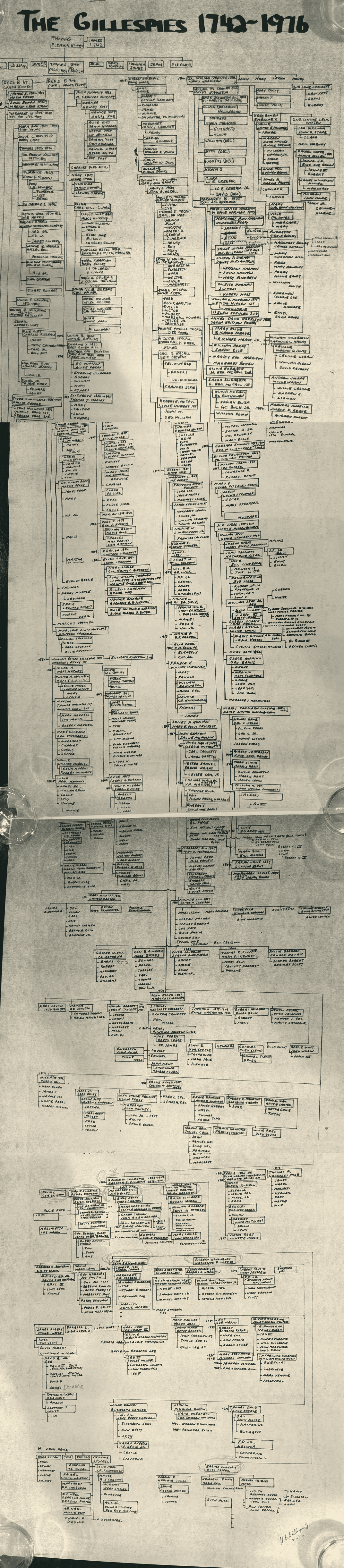 Stitched handwritten Gillespie family tree titled The Gillespies 1742–1976, compiled and signed by H. G. Gillespie Jr. in 1979