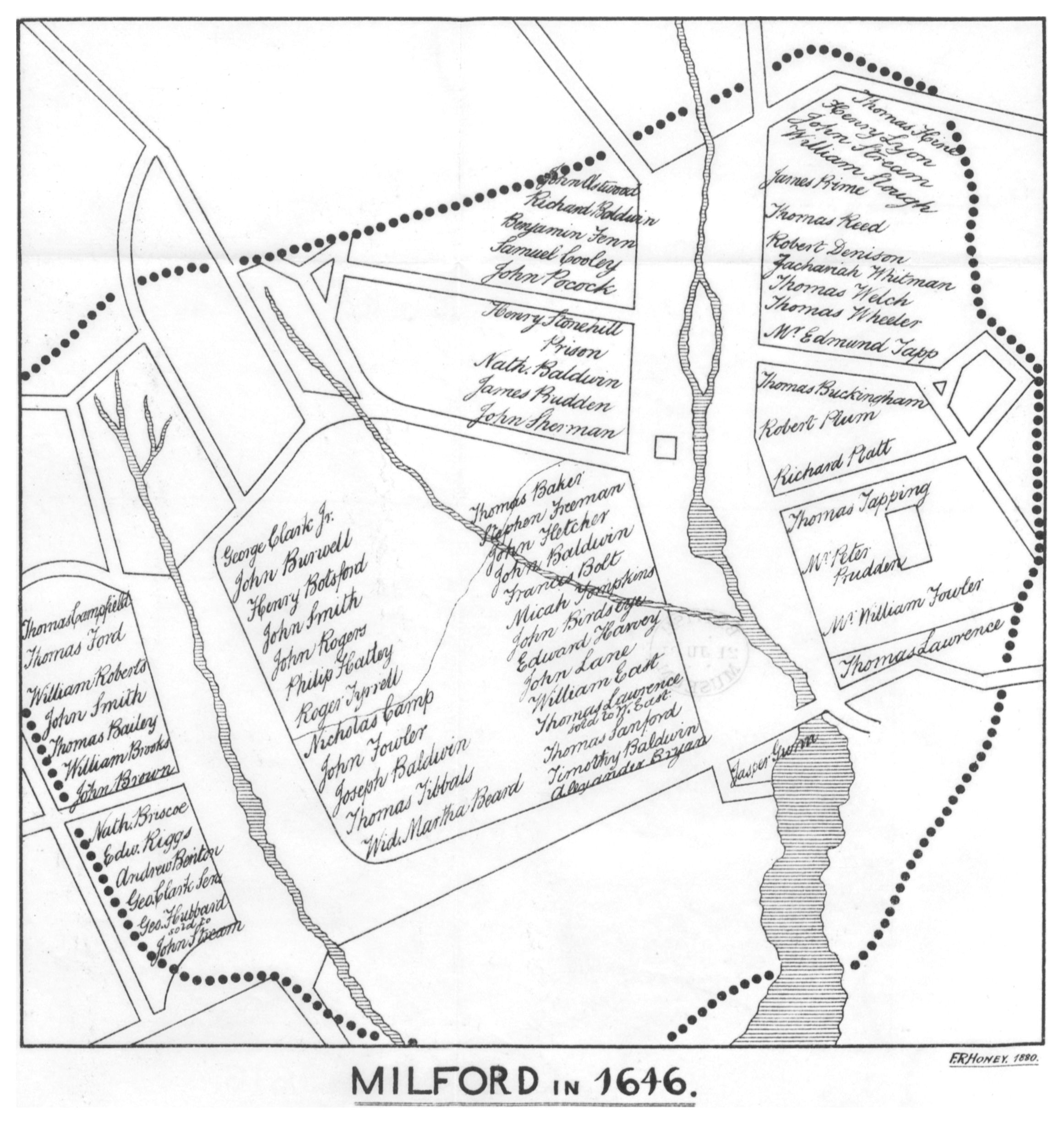 Reconstruction of Milford, Connecticut, in 1646, with the John Baldwin home lot highlighted