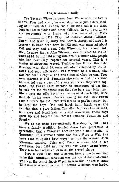 Scanned page titled The Wiseman Family recounting a family tradition about Tecumseh and the Prophet.